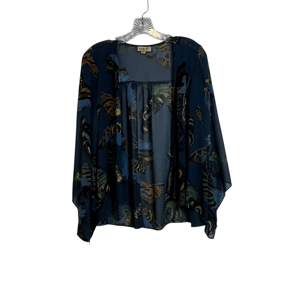 One World Blue Butterfly Print Sheer Open Front Kimono Cardigan‎ Swim Cover Med - Picture 2 of 7
